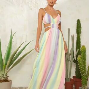 Pastel Rainbow Cutout Maxi Dress - Sleeveless Spaghetti Strap